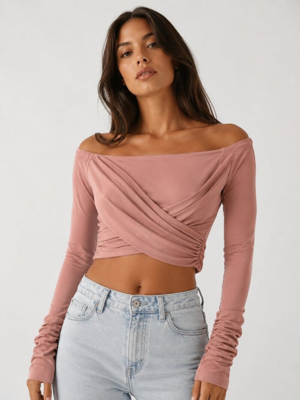 NWT Tiger Mist Amsterdam Blush Off Shoulder Ruched Crop Top M